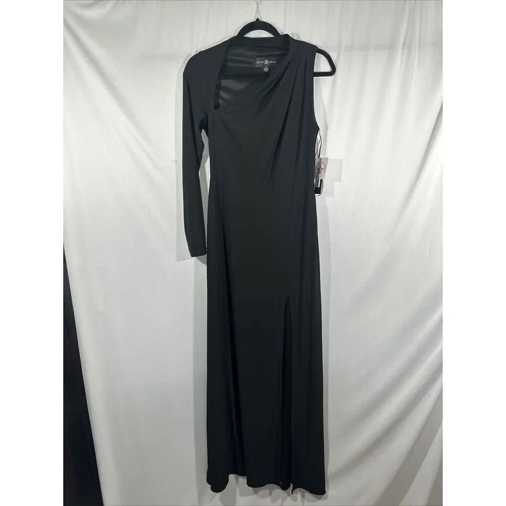 NWT $199 Betsy & Adam [ 8 ] One Shoulder Single Long Sleeve Gown‎ Black